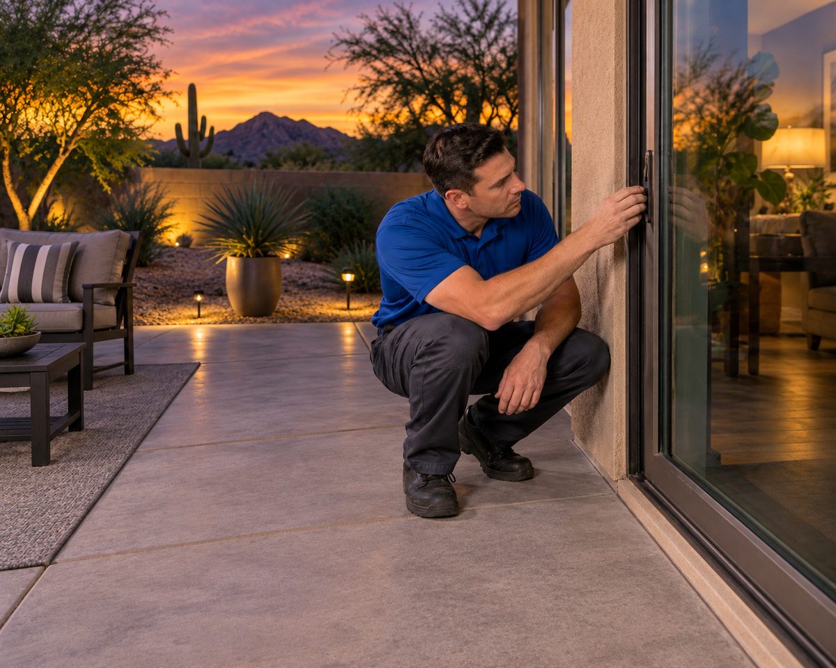 Illustrative scene of a technician checking a patio door at dusk outside a desert home.