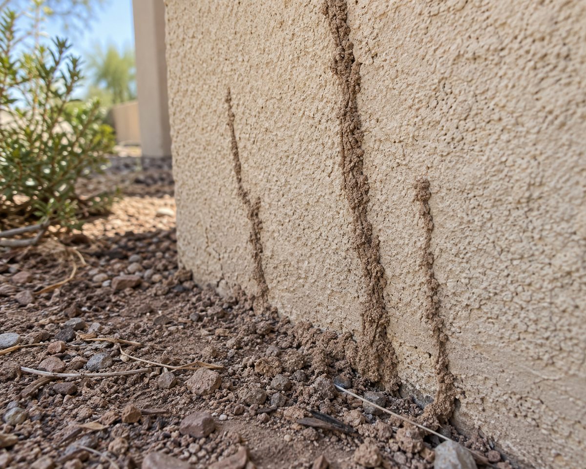 Illustrative close-up of termite mud tubes on a stucco foundation.